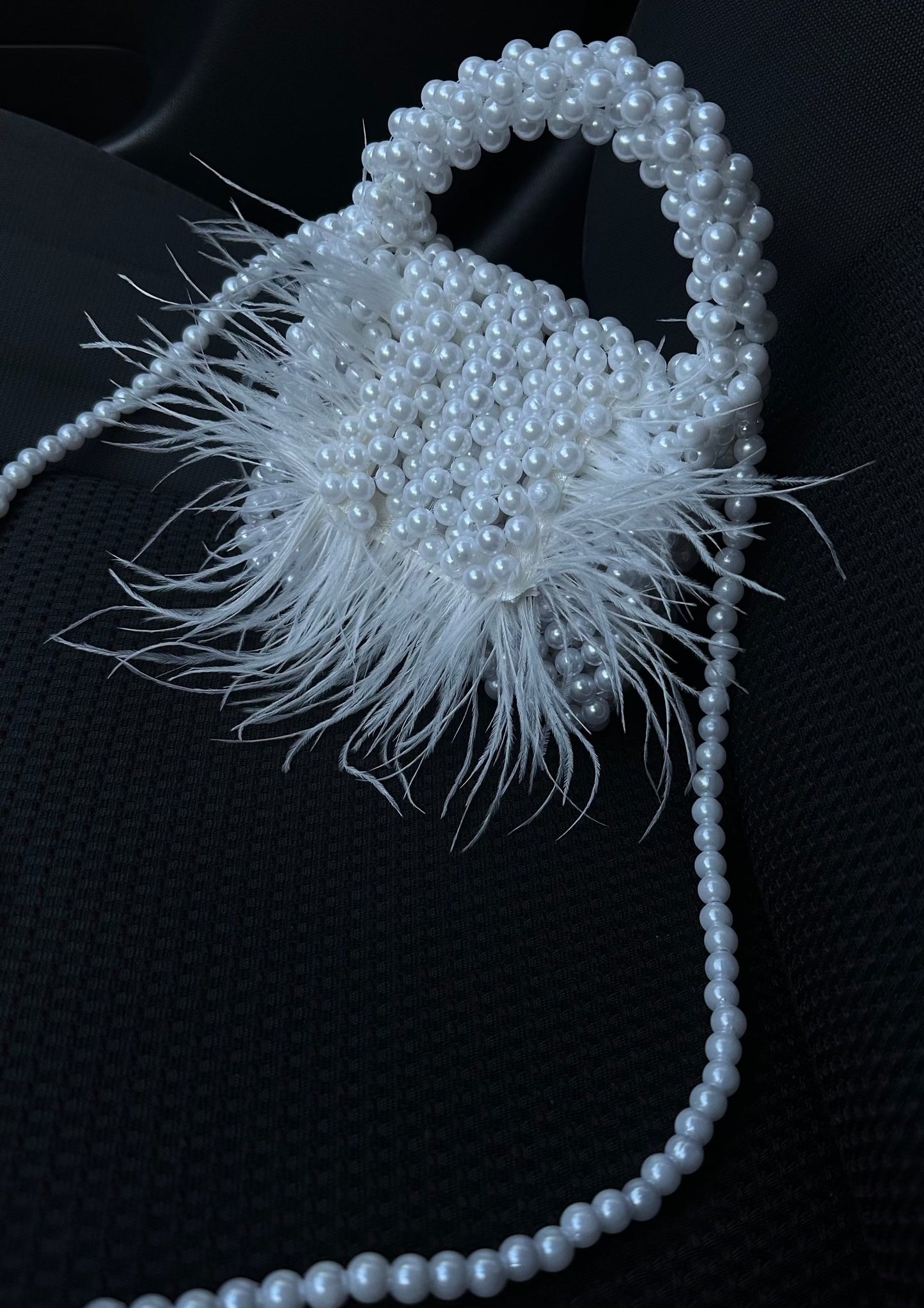 White Pearl Beaded Bag with Feathers