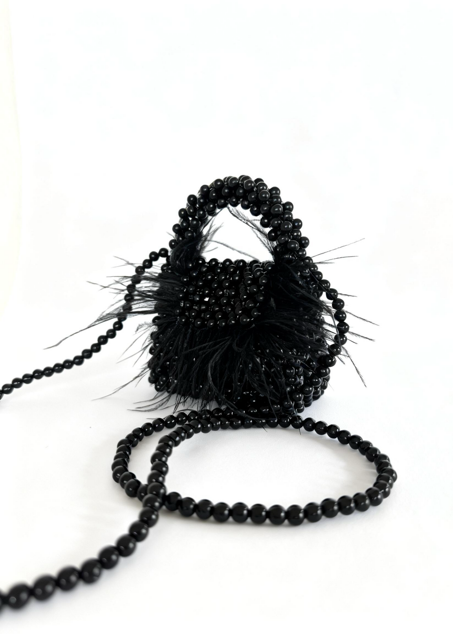 Black Pearl Beaded Bag with Ostrich Feathers