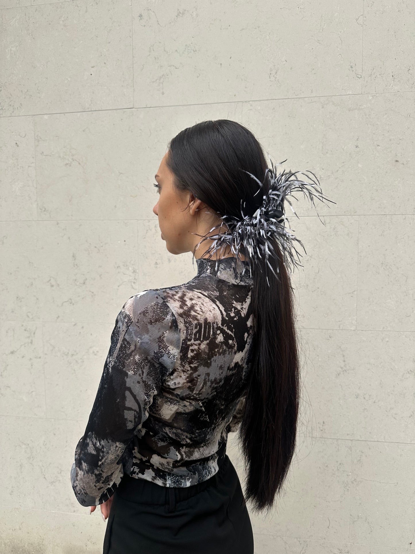 Black and White Scrunchie with Ostrich Feathers Scrunchie
