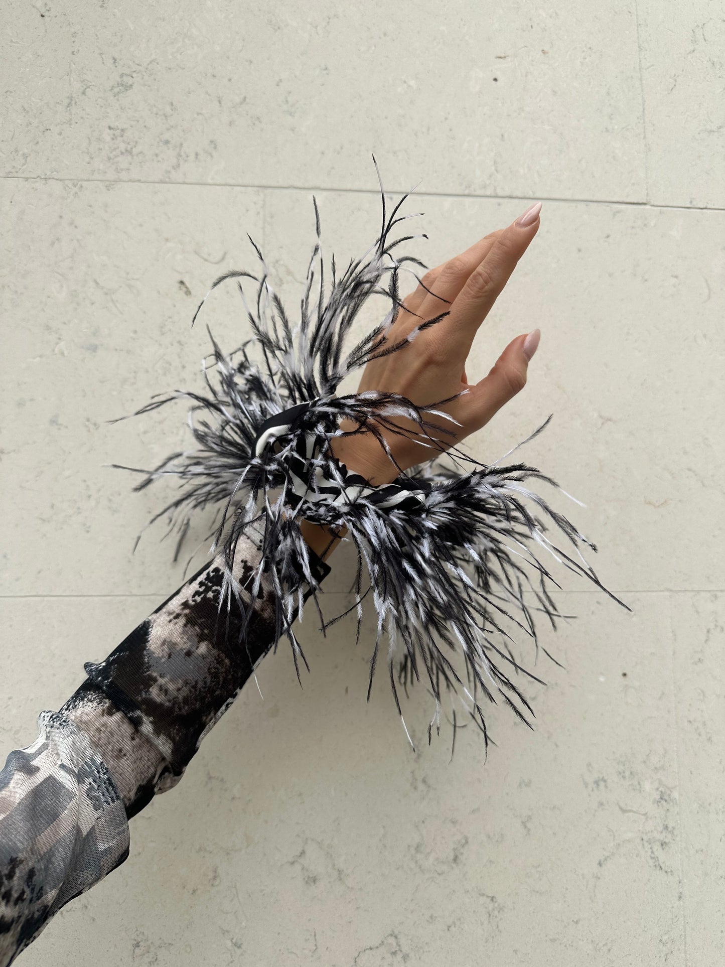Black and White Scrunchie with Ostrich Feathers Scrunchie