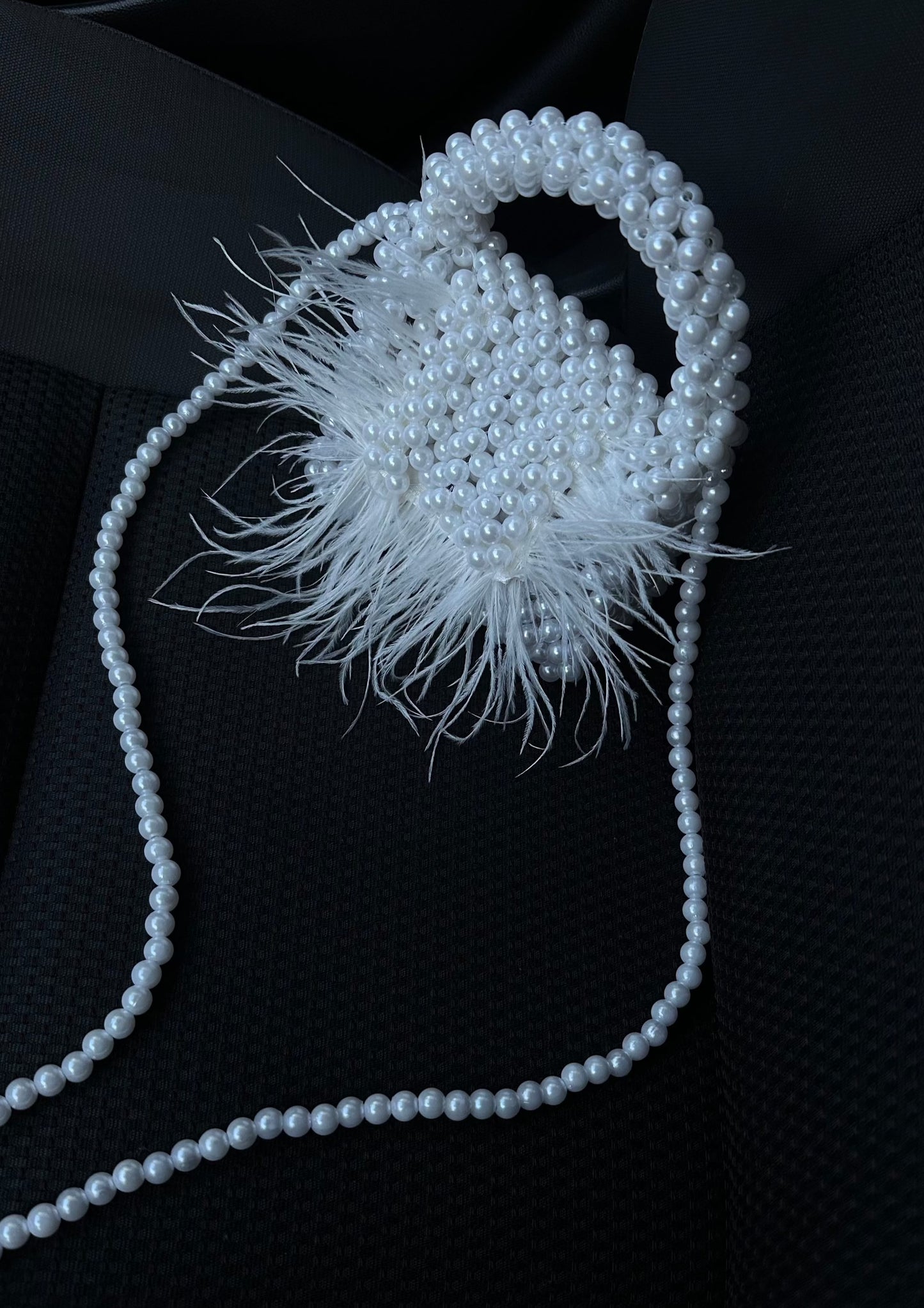 White Pearl Handbag with Feathers