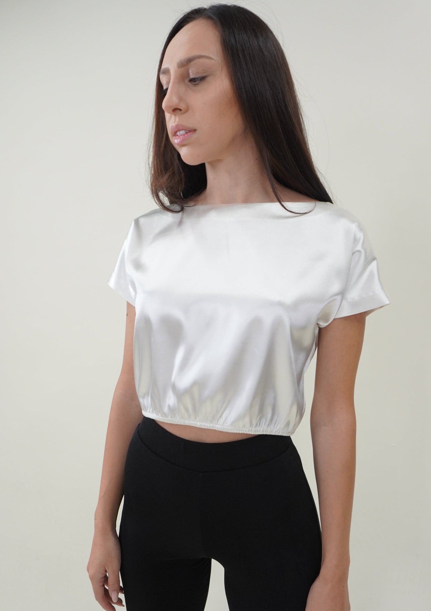 Ivory Satin Top with Short Sleeves