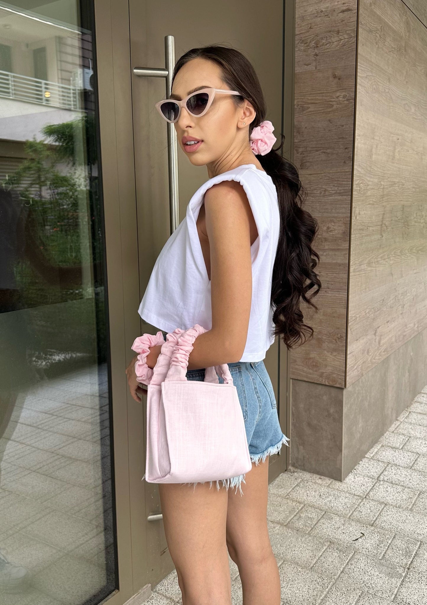Pink Linen Tote Scrunchie Bag