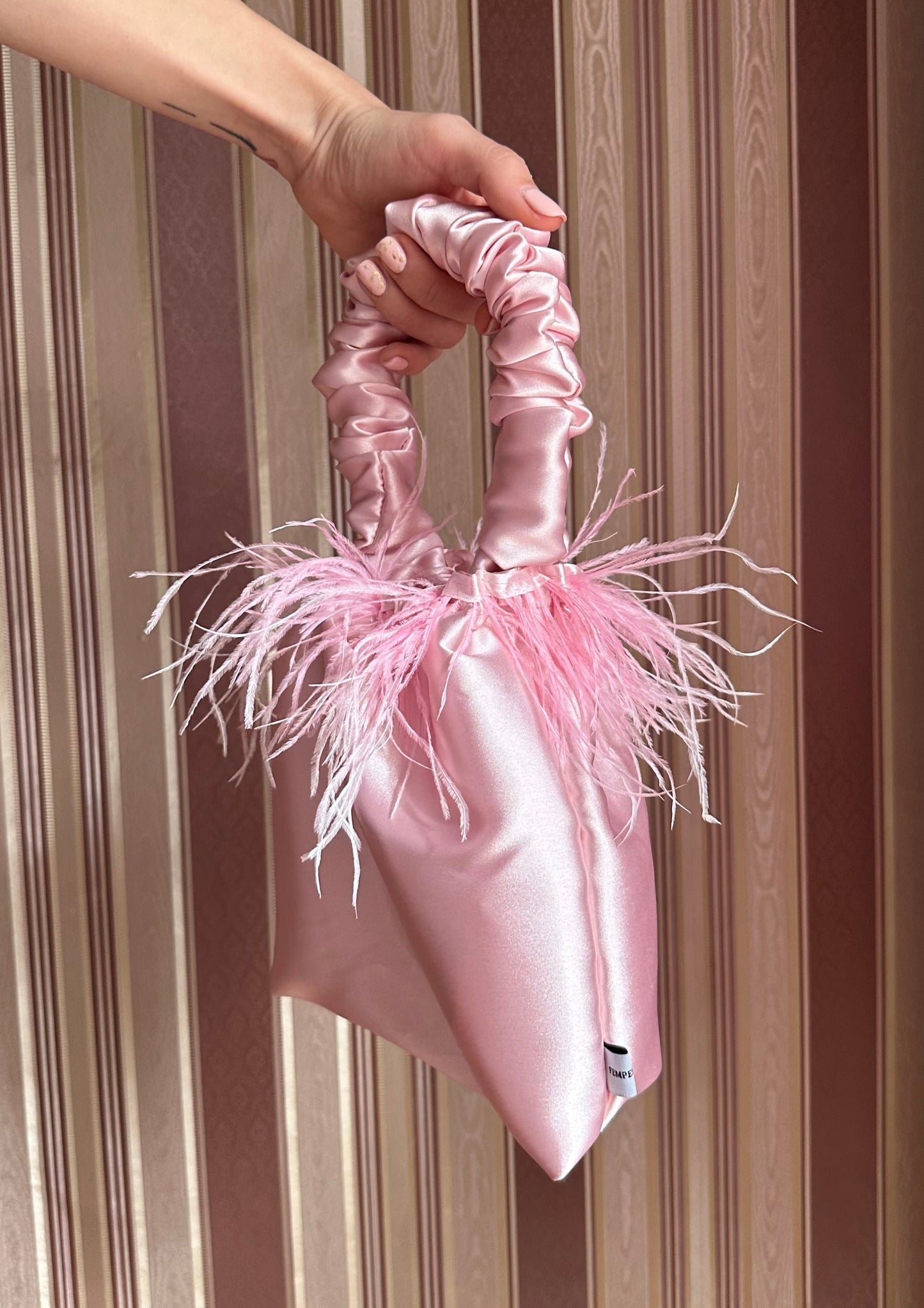 Baby Pink Satin Scrunchie Bag with Feathers