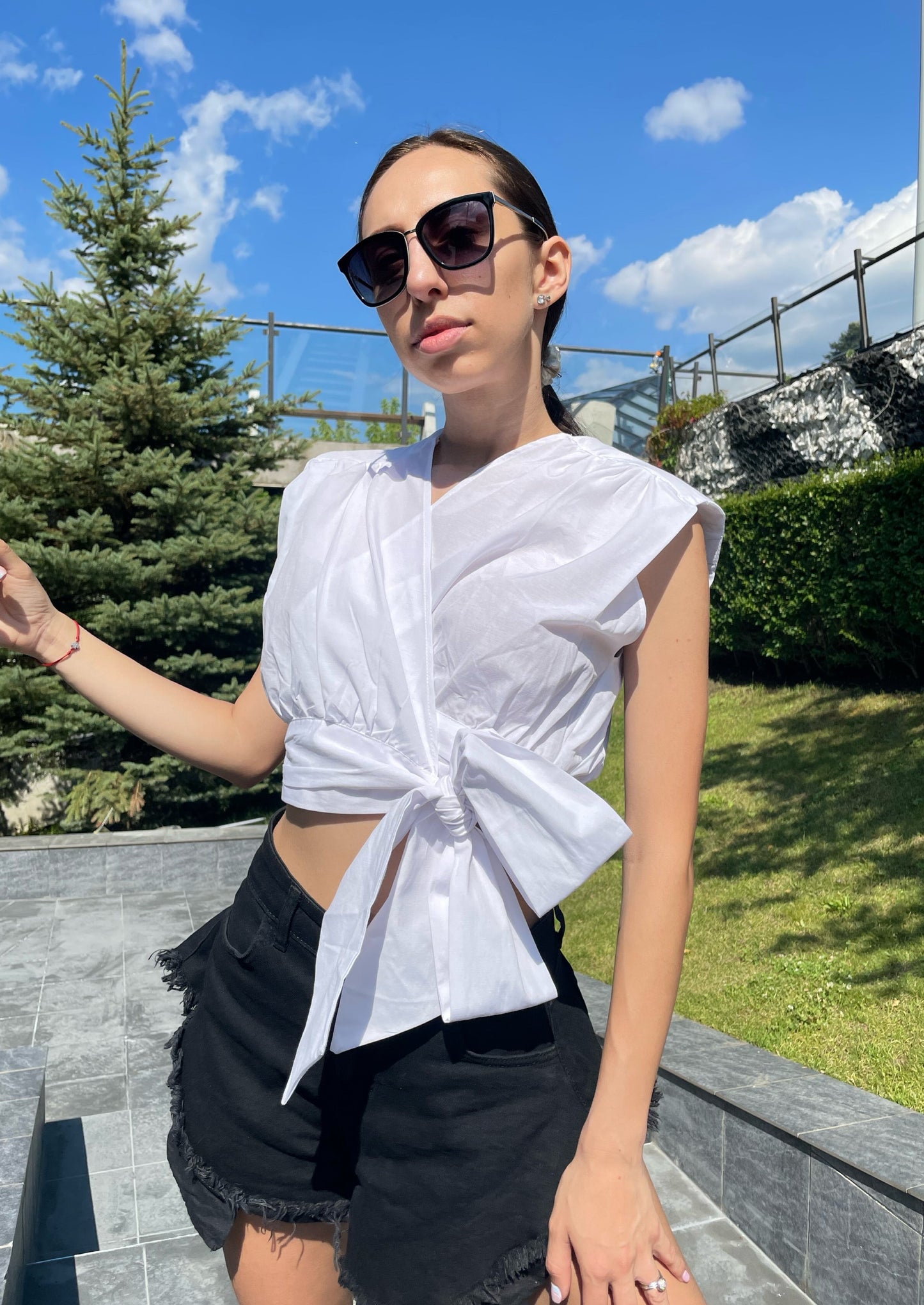 Short Sleeve White Bow Shirt