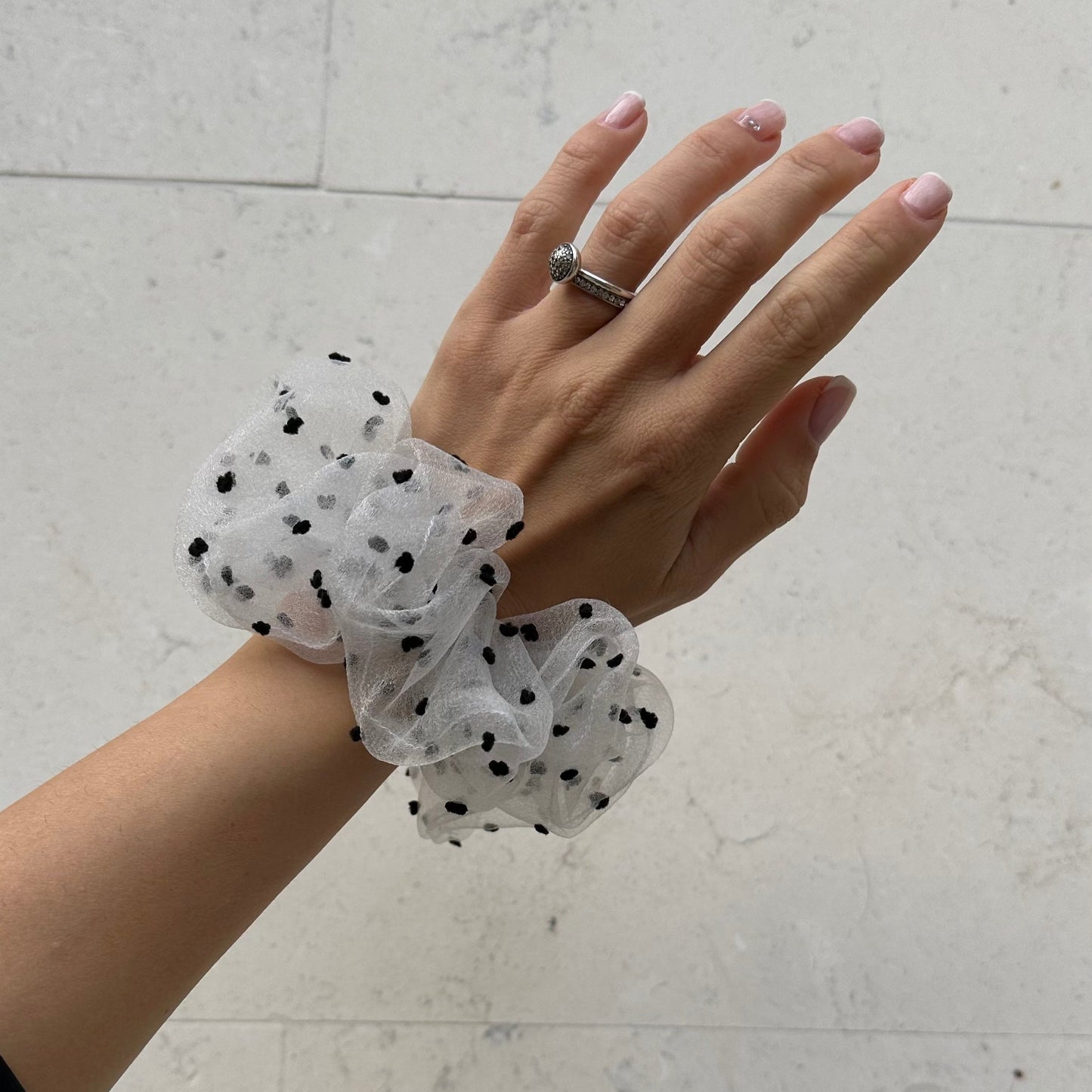 White Organza with Black Dots Scrunchie