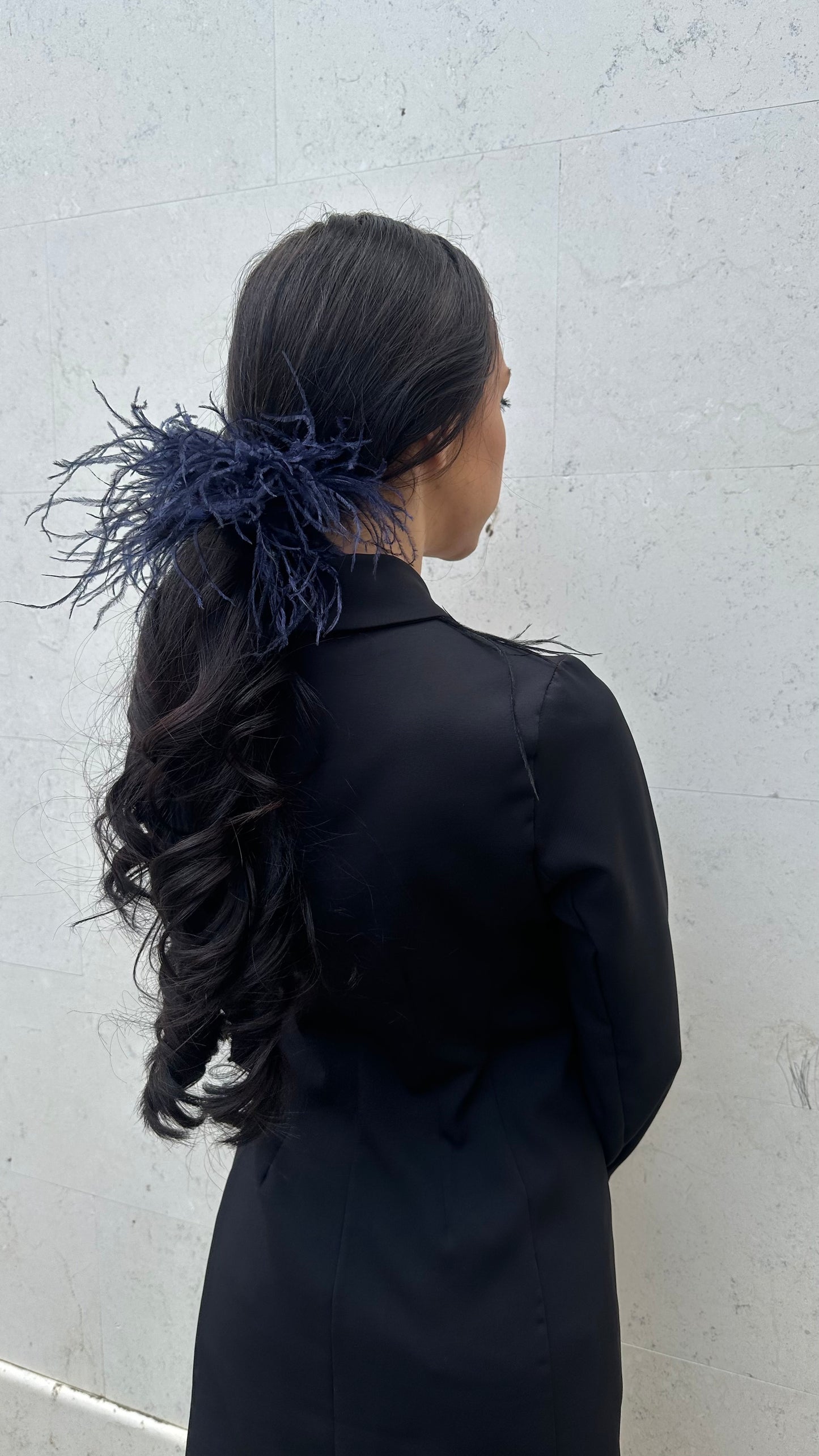 Navy Blue & Tulle Feathers Scrunchie