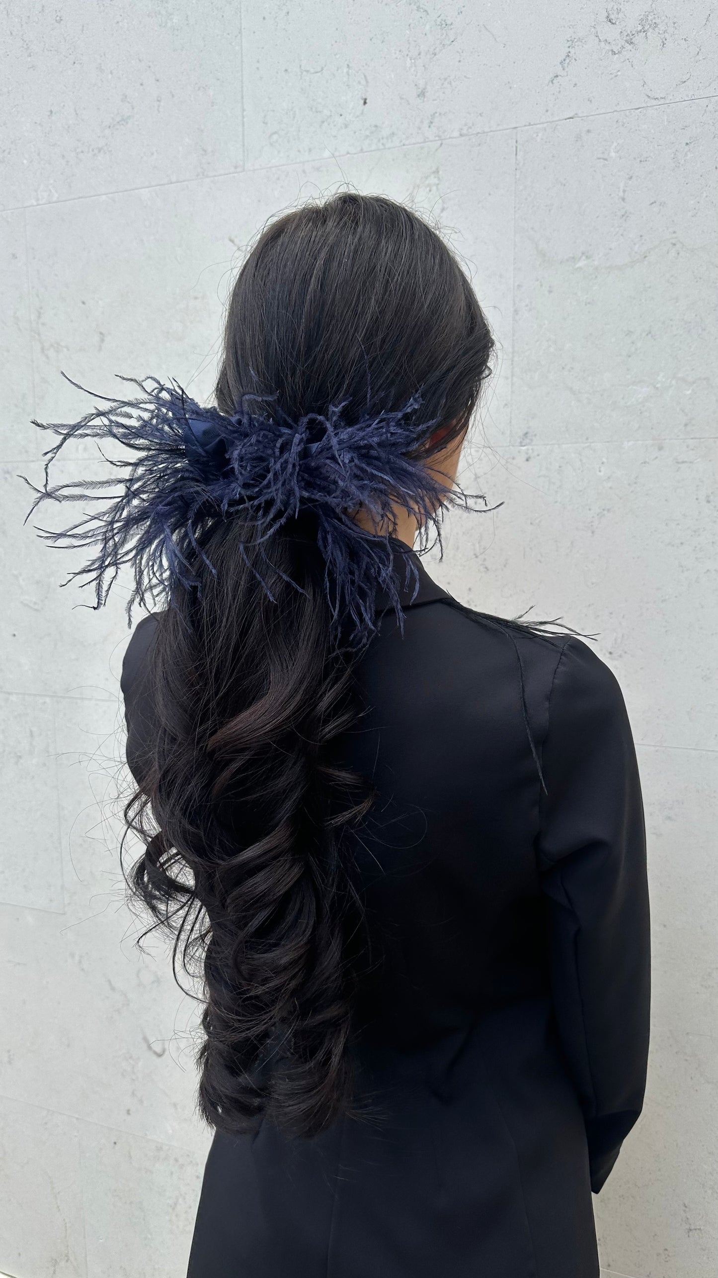 Navy Blue & Tulle Feathers Scrunchie