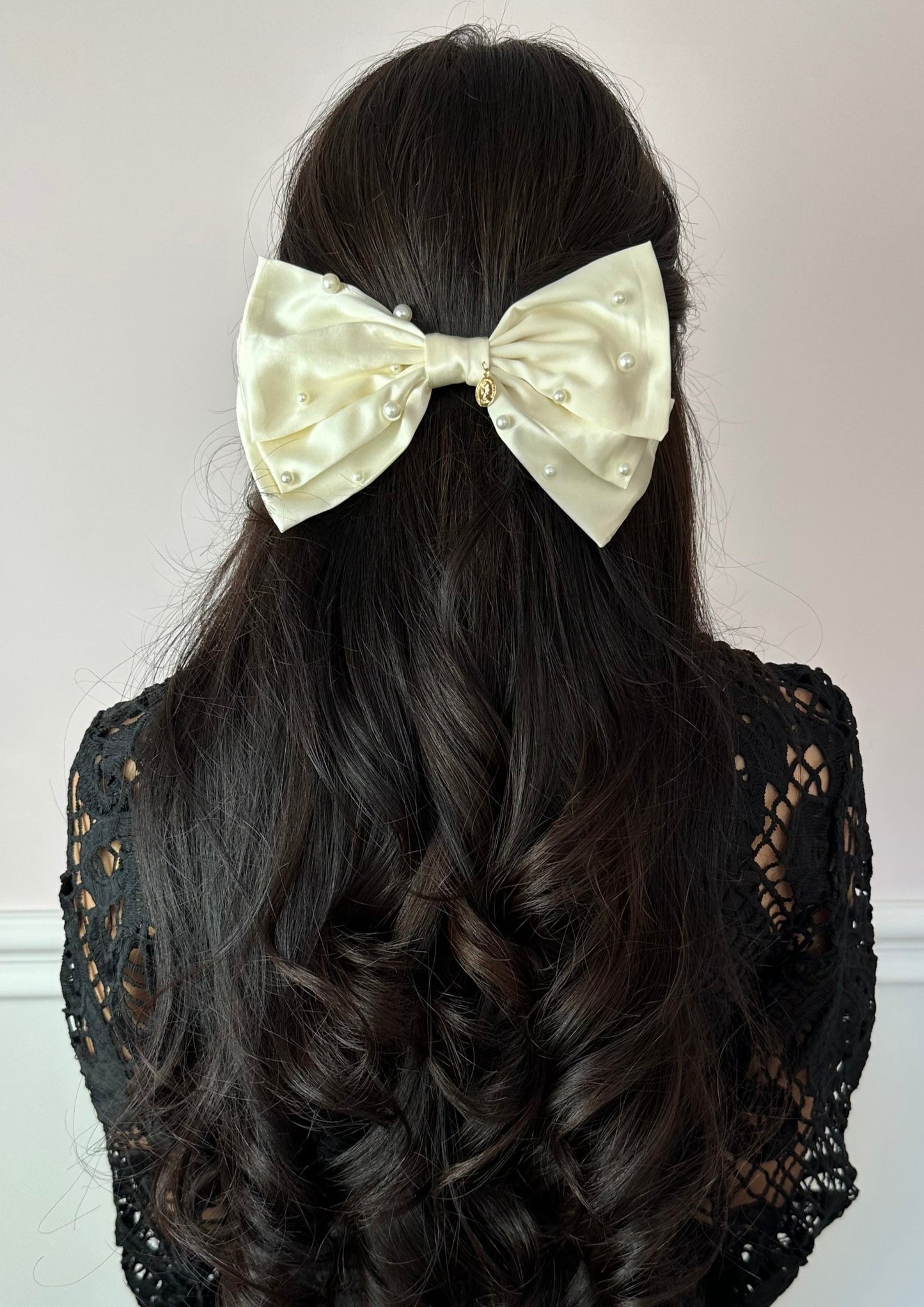 Handmade Ecru Satin Bow with Pearls
