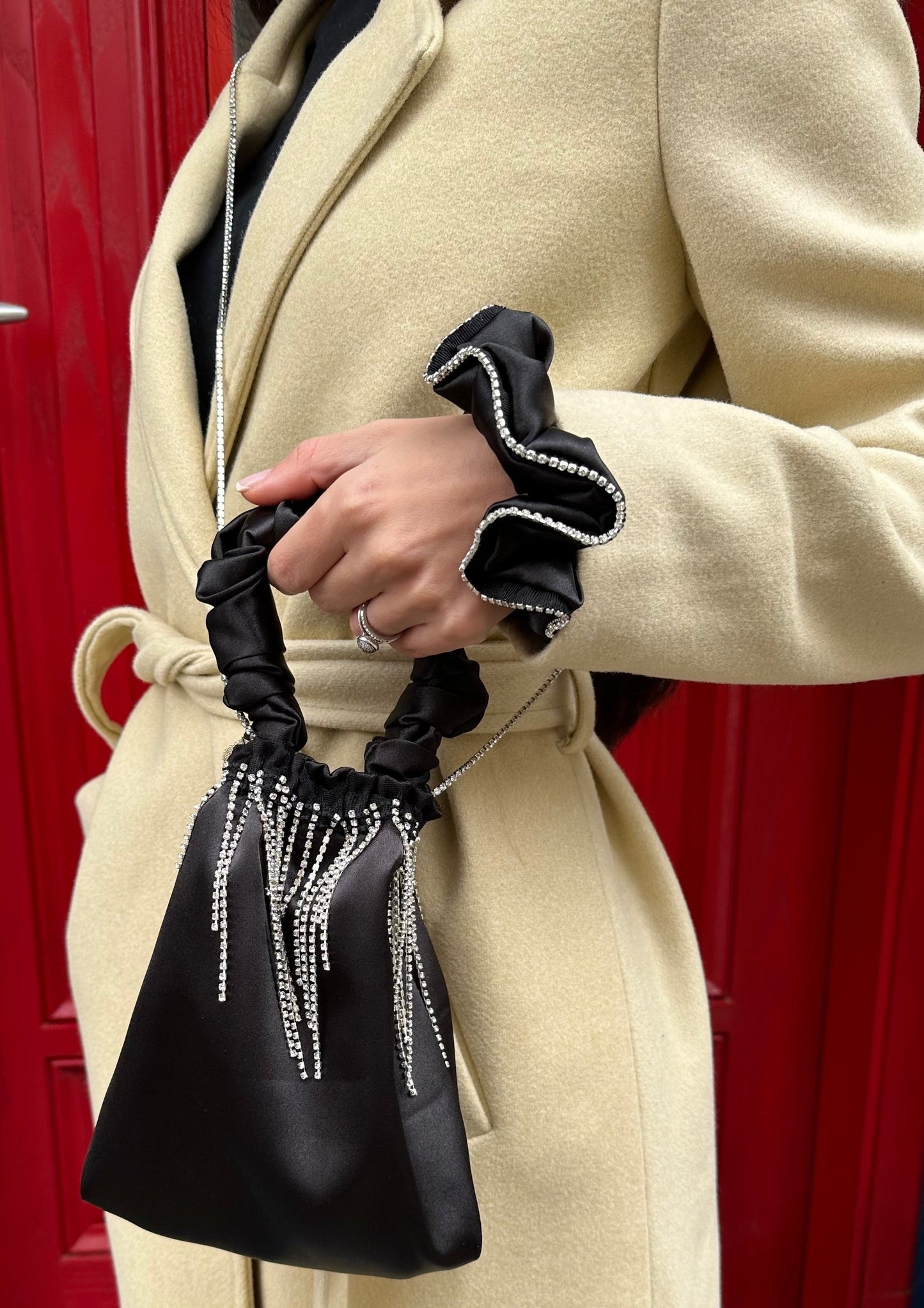 Handmade Satin Scrunchie Bag with Long Crystals