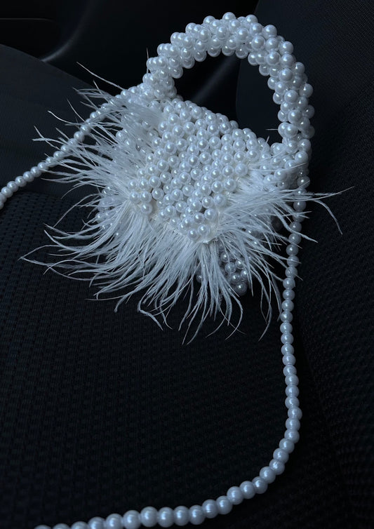 White Pearl Handbag with Feathers