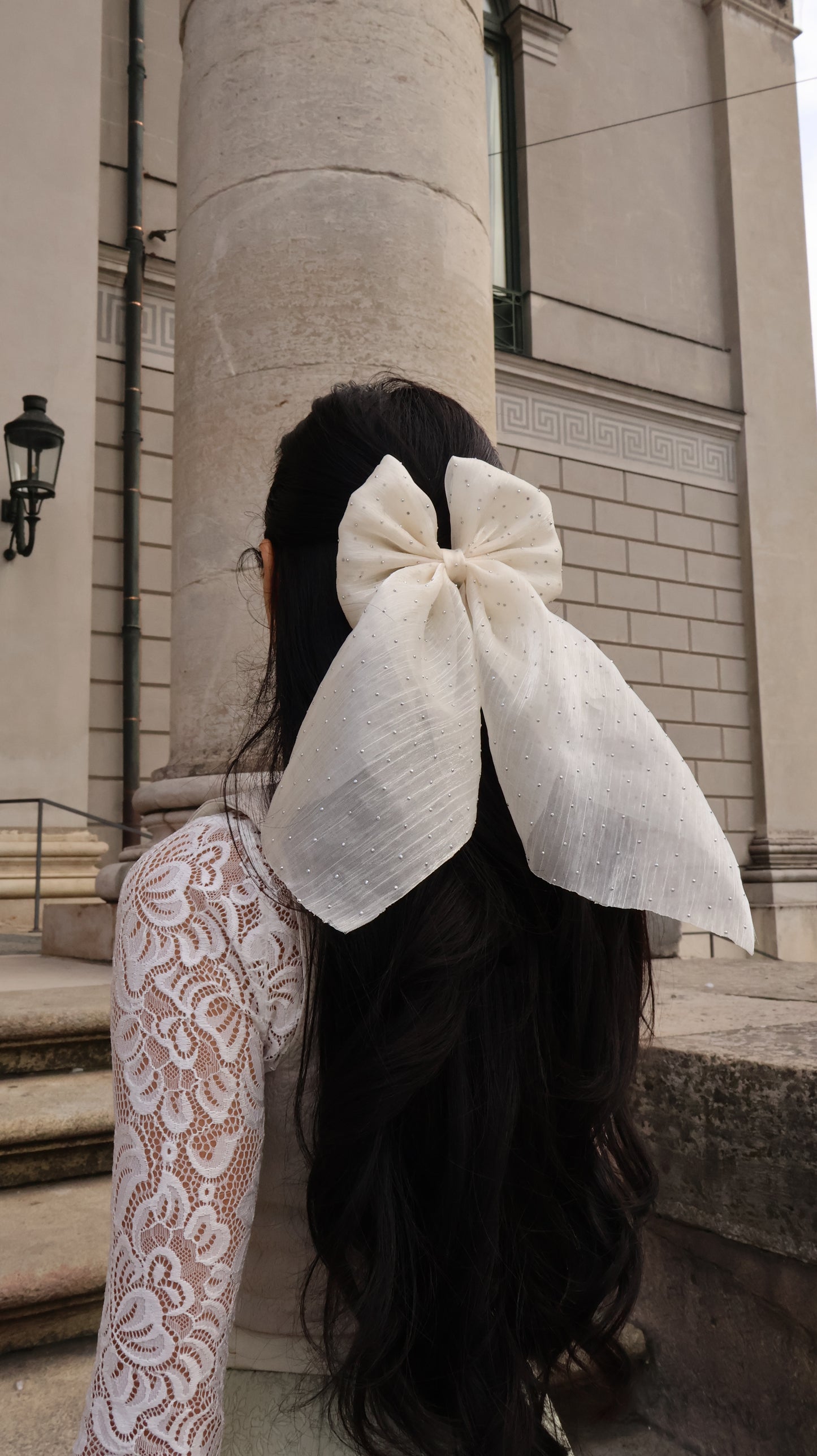 Handmade Ivory Organza Bow with silver crystals