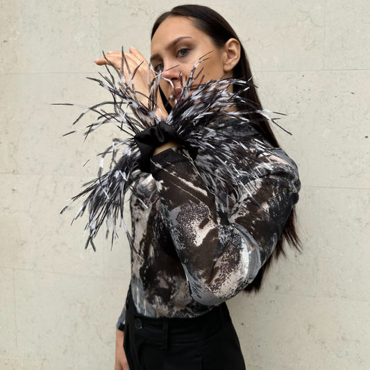Black and White Ostrich Feathers Scrunchie