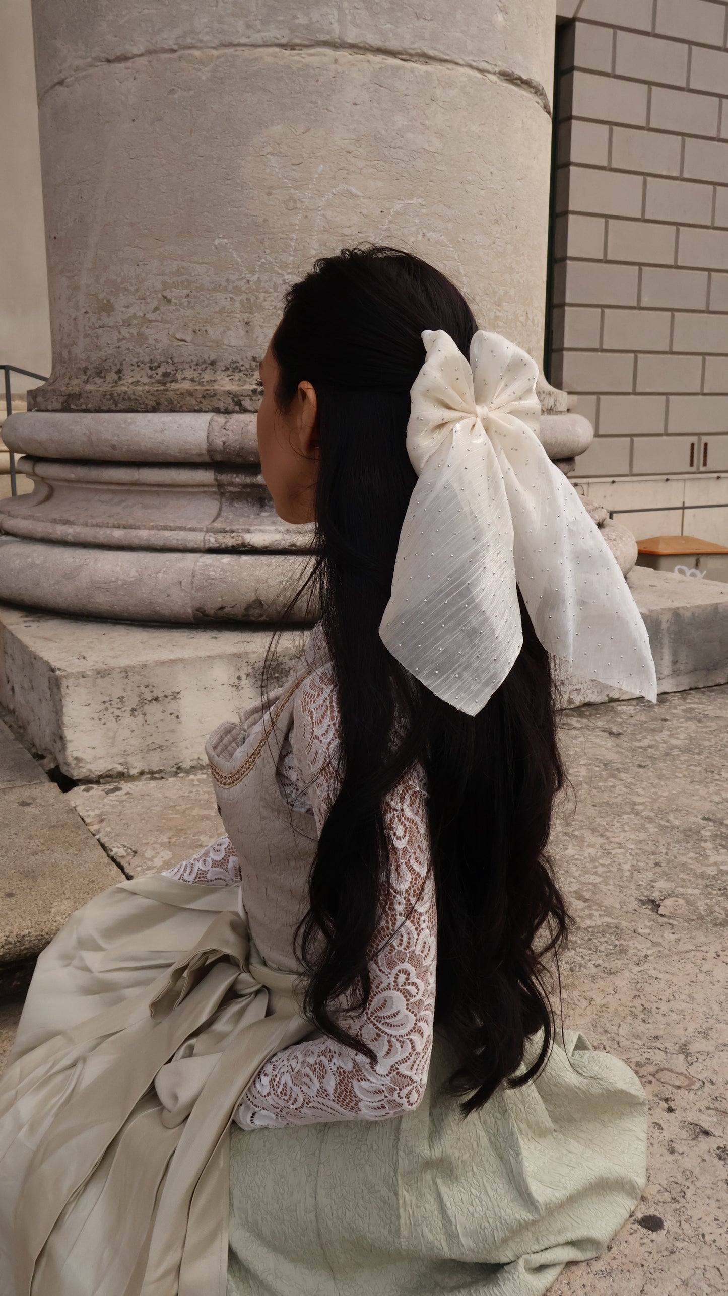 Handmade Ivory Organza Bow with silver crystals