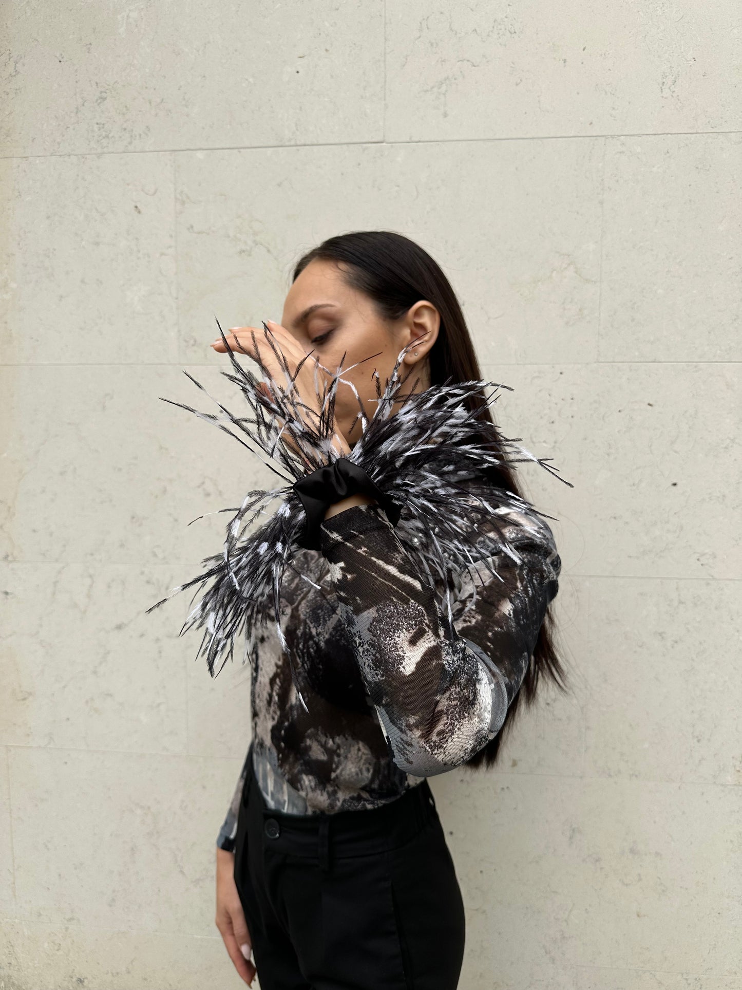 Black and White Ostrich Feathers Scrunchie