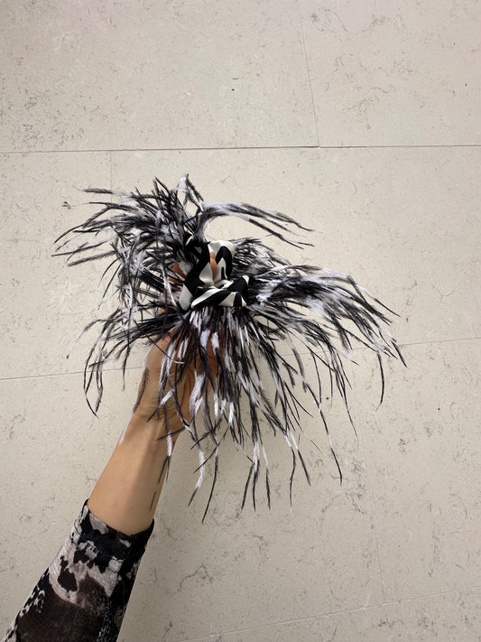 Black and White Scrunchie with Ostrich Feathers Scrunchie