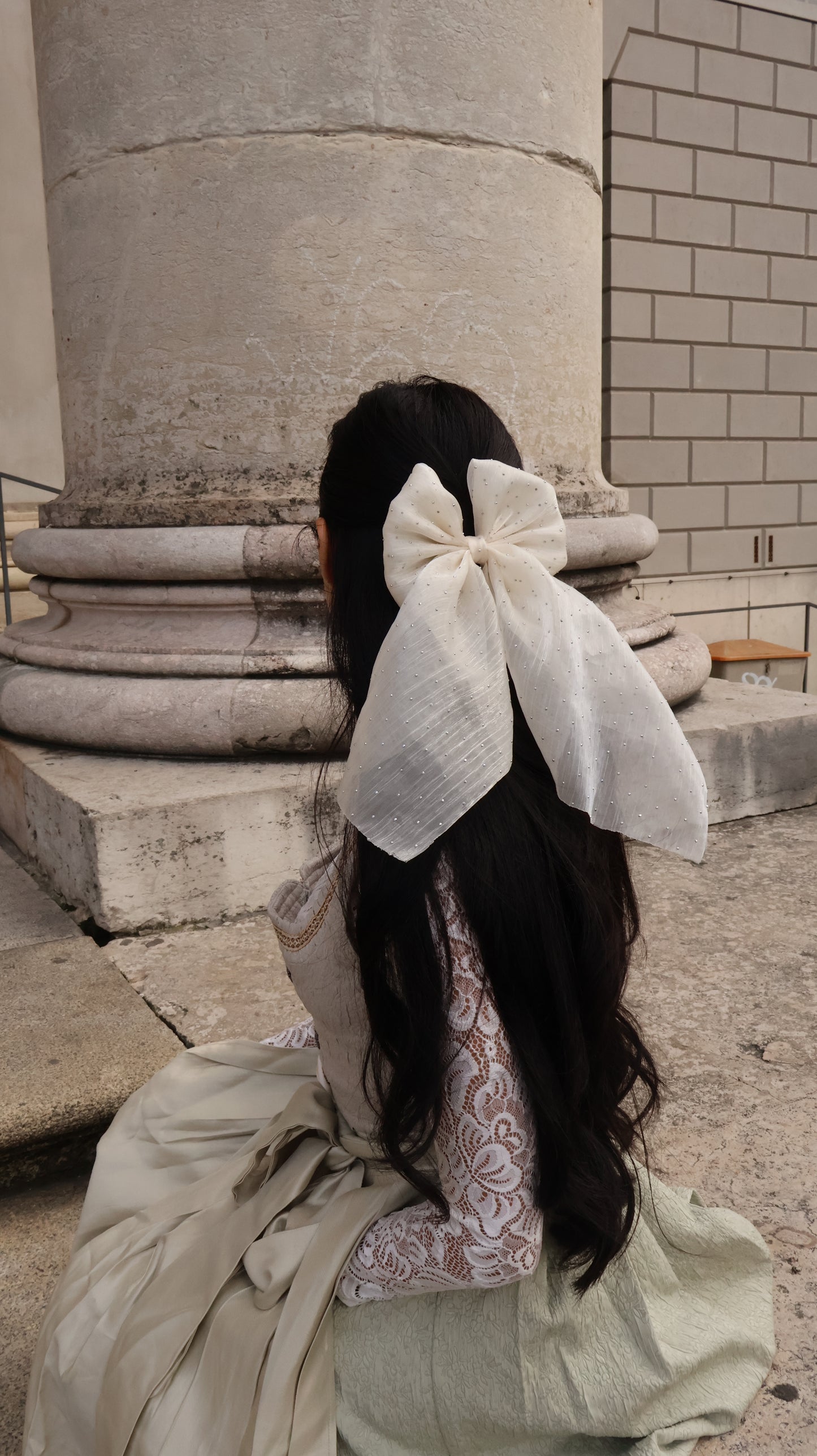 Handmade Ivory Organza Bow with silver crystals