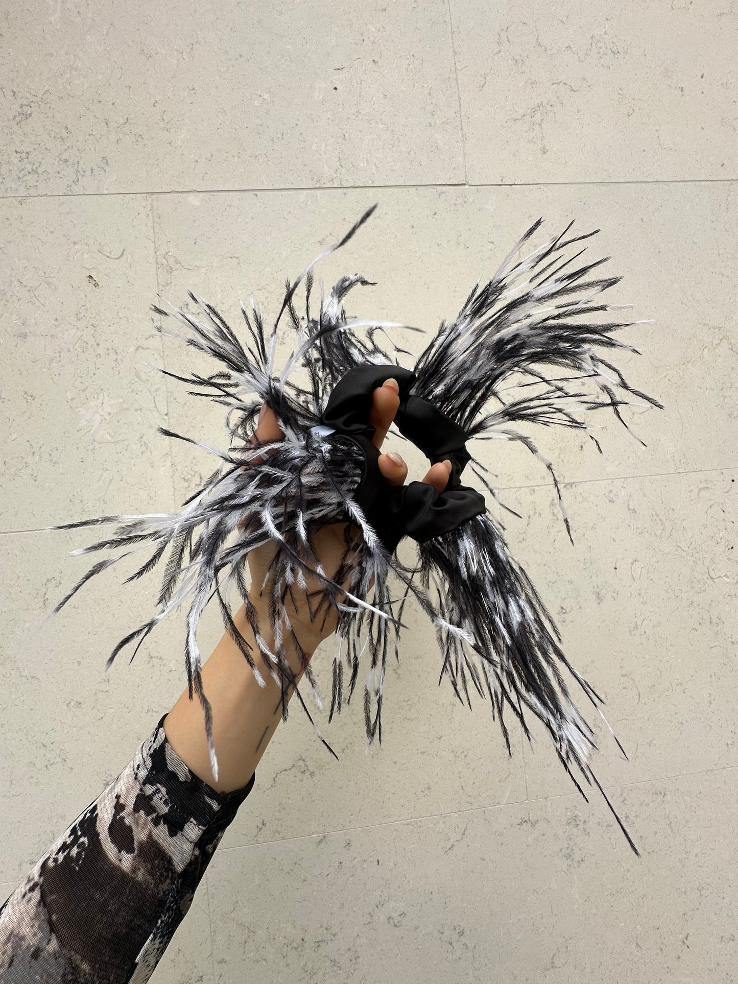 Black and White Ostrich Feathers Scrunchie