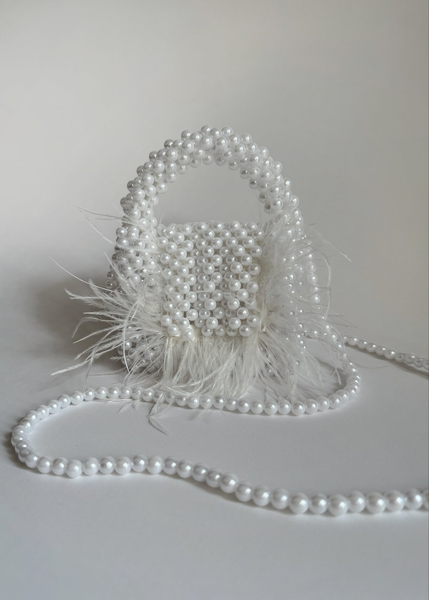 White Pearl Beaded Bag with Feathers