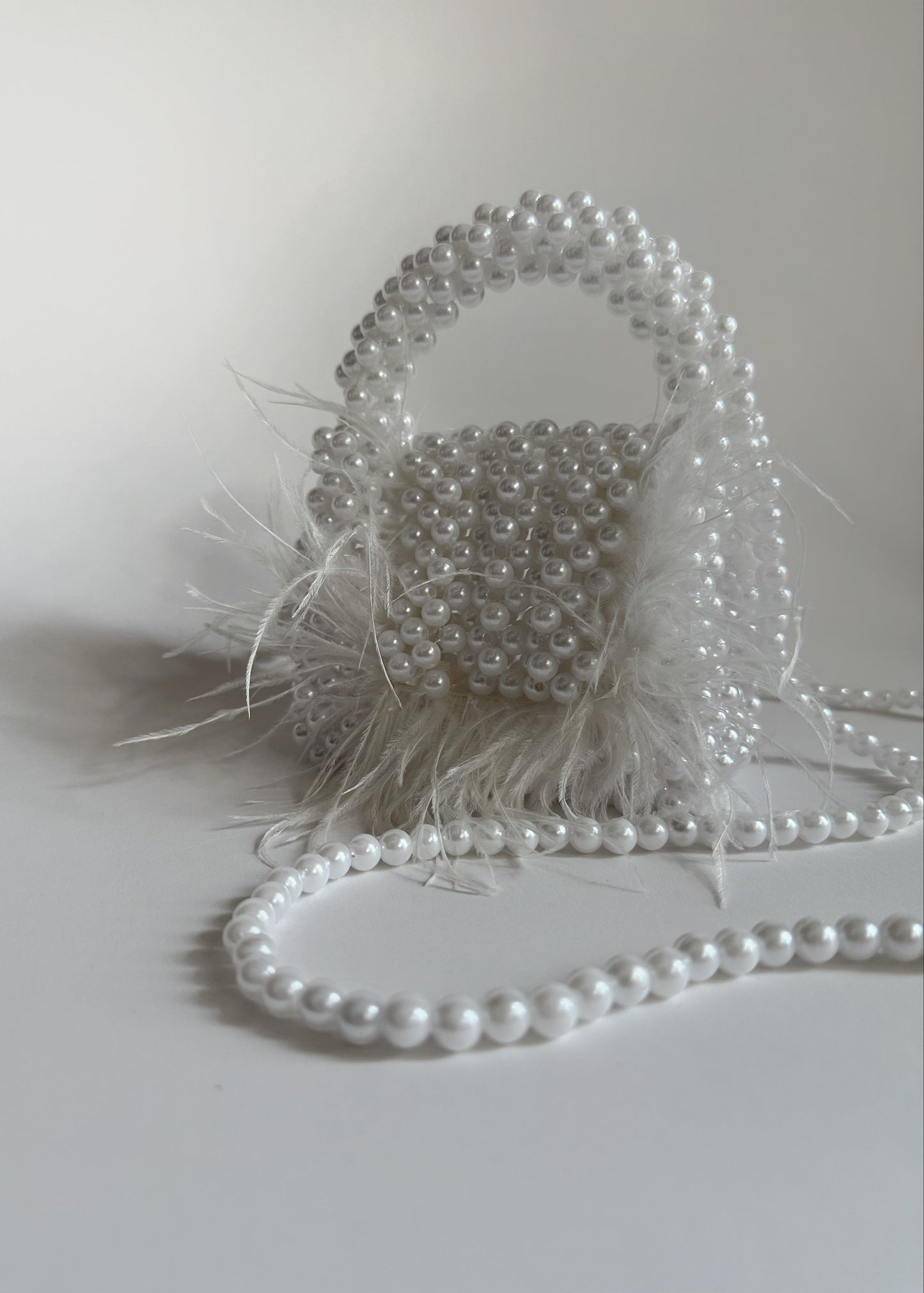 White Pearl Beaded Bag with Feathers