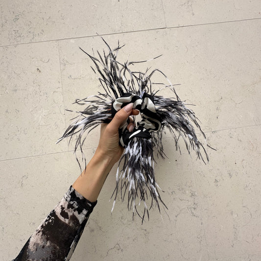 Black and White Scrunchie with Ostrich Feathers Scrunchie
