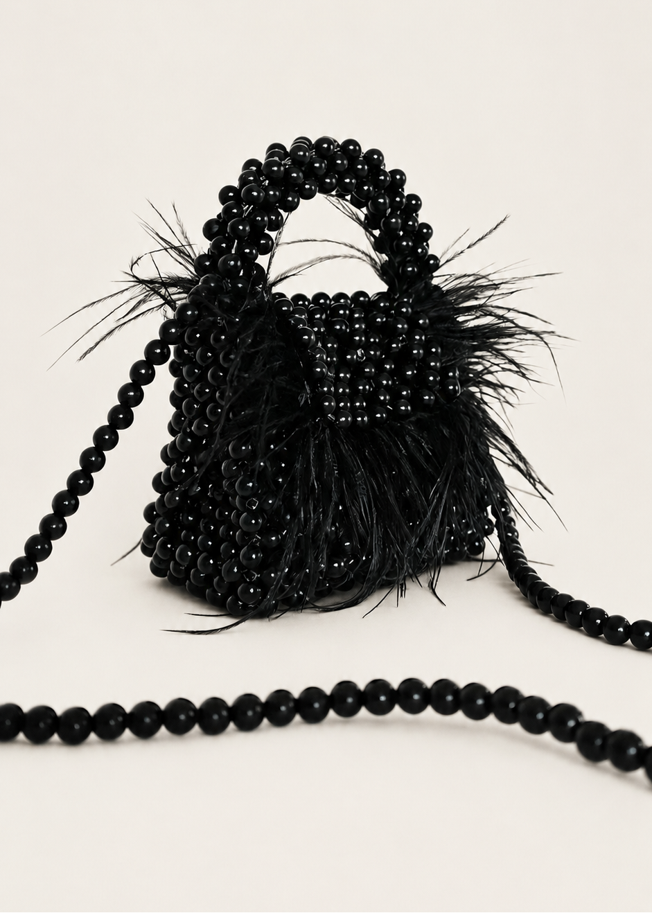 Black Pearl Beaded Bag with Ostrich Feathers
