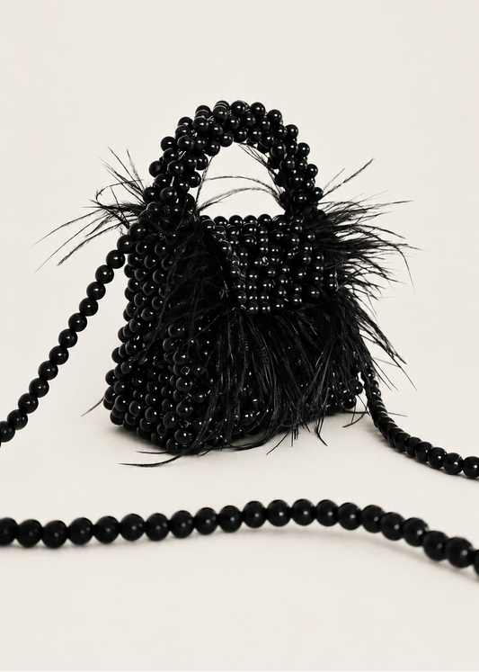 Black Pearl Beaded Bag with Ostrich Feathers