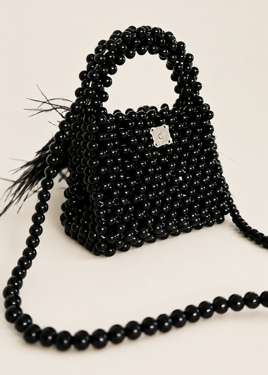 Black Pearl Beaded Bag with Ostrich Feathers