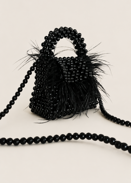 Black Pearl Beaded Bag with Ostrich Feathers
