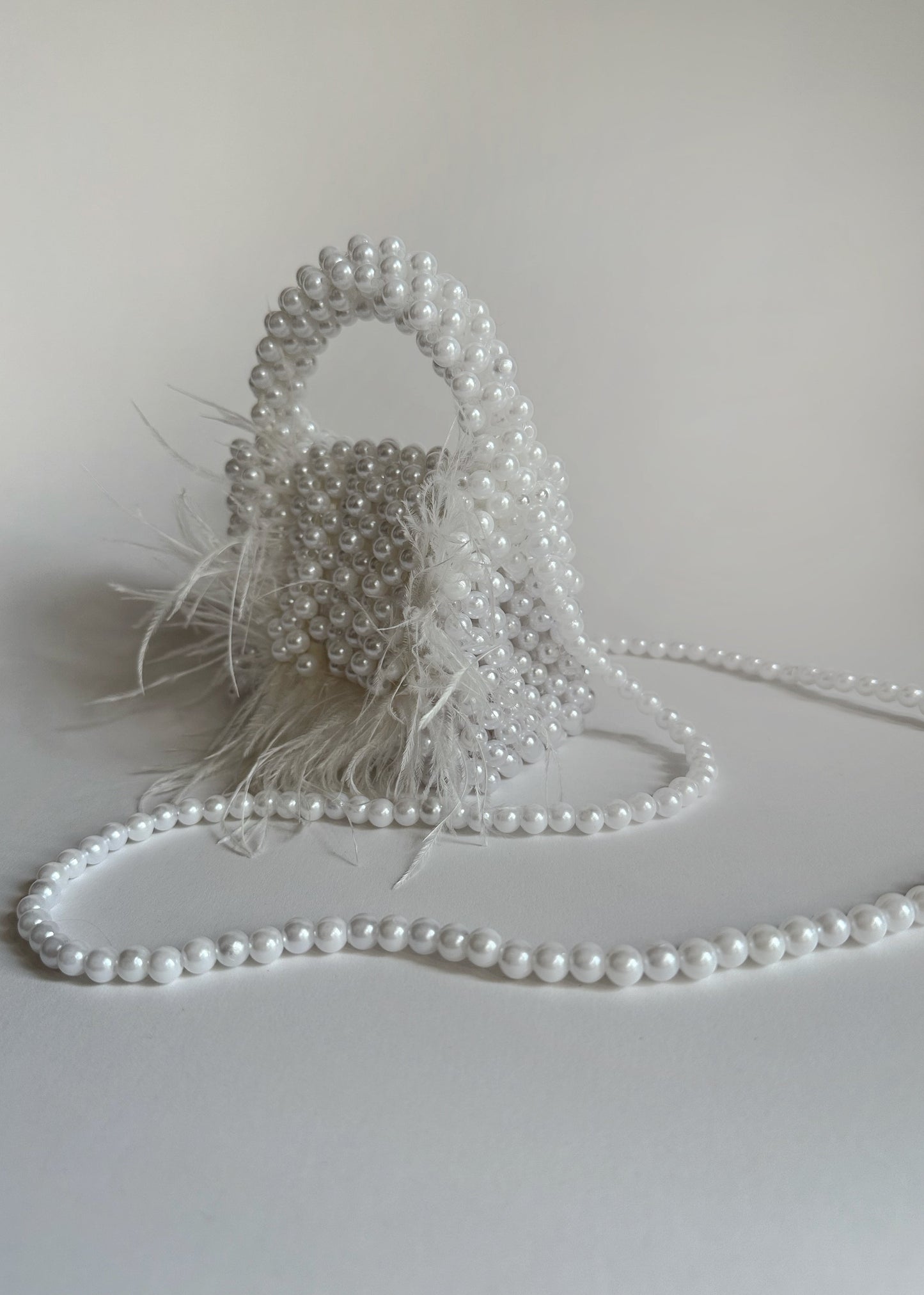 White Pearl Beaded Bag with Feathers
