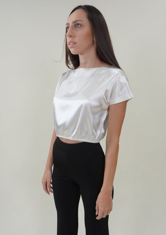 Ivory Satin Top with Short Sleeves