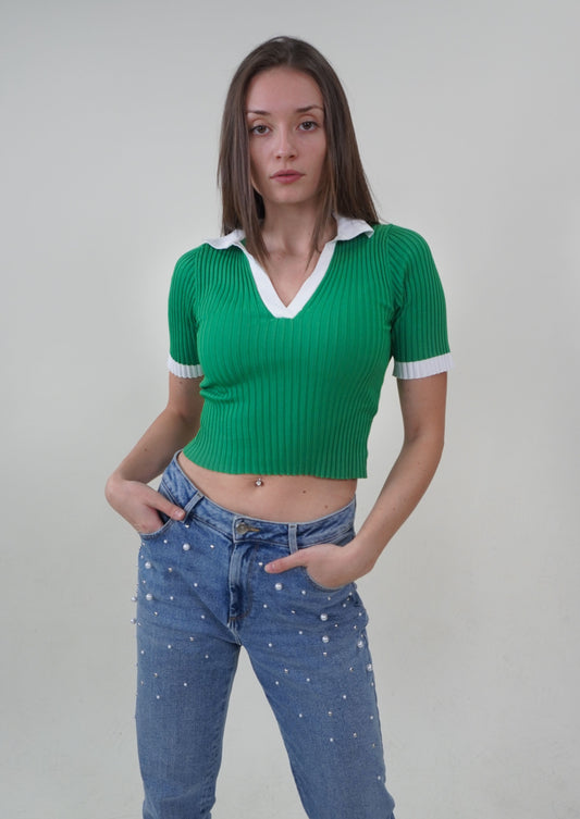 Forest Green Short Sleeves Knitted Top
