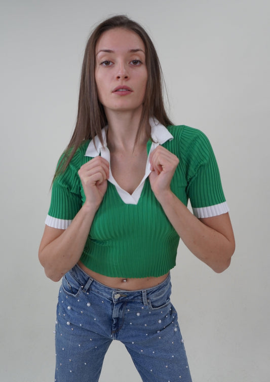 Forest Green Short Sleeves Knitted Top