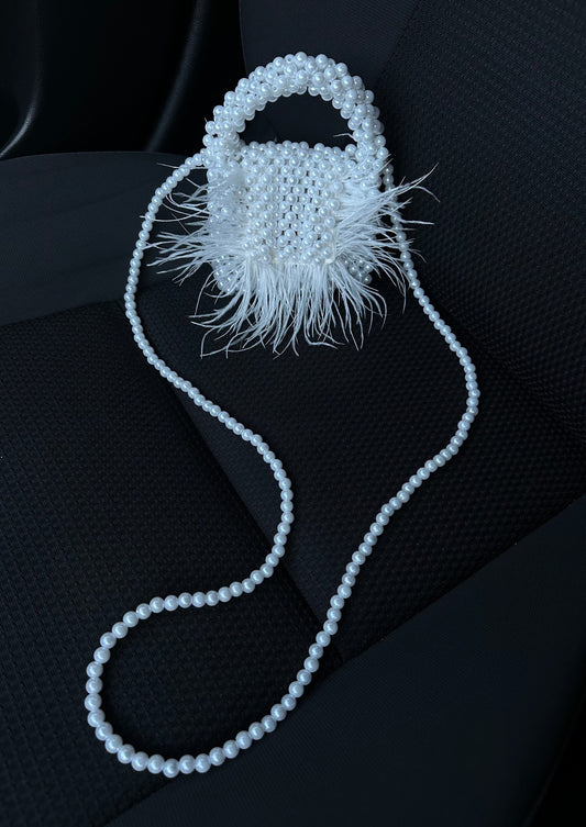 White Pearl Handbag with Feathers