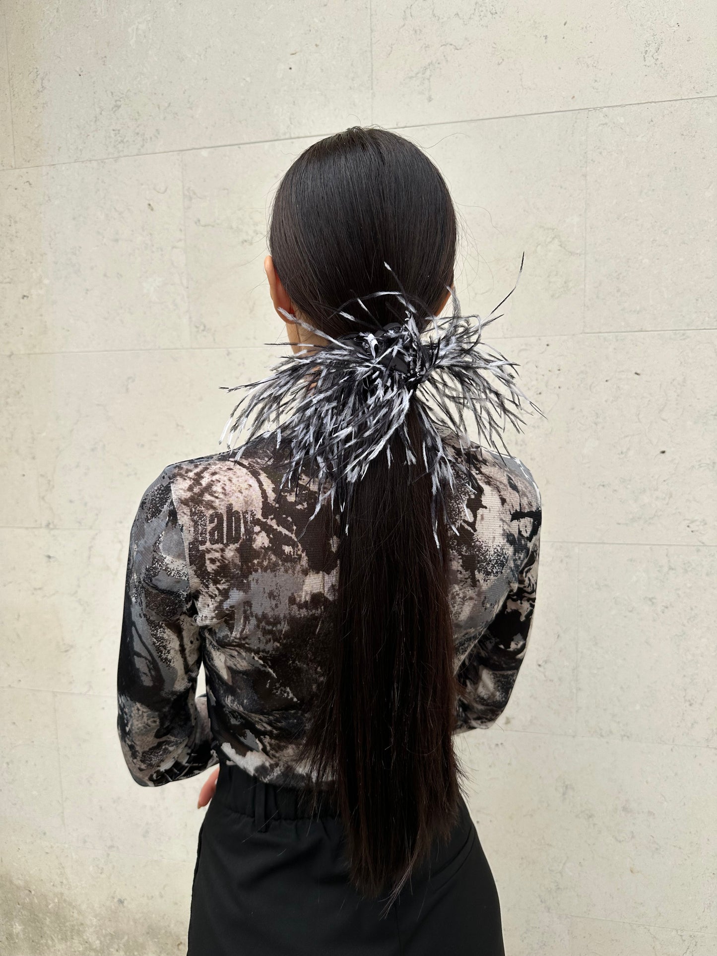 Black and White Ostrich Feathers Scrunchie