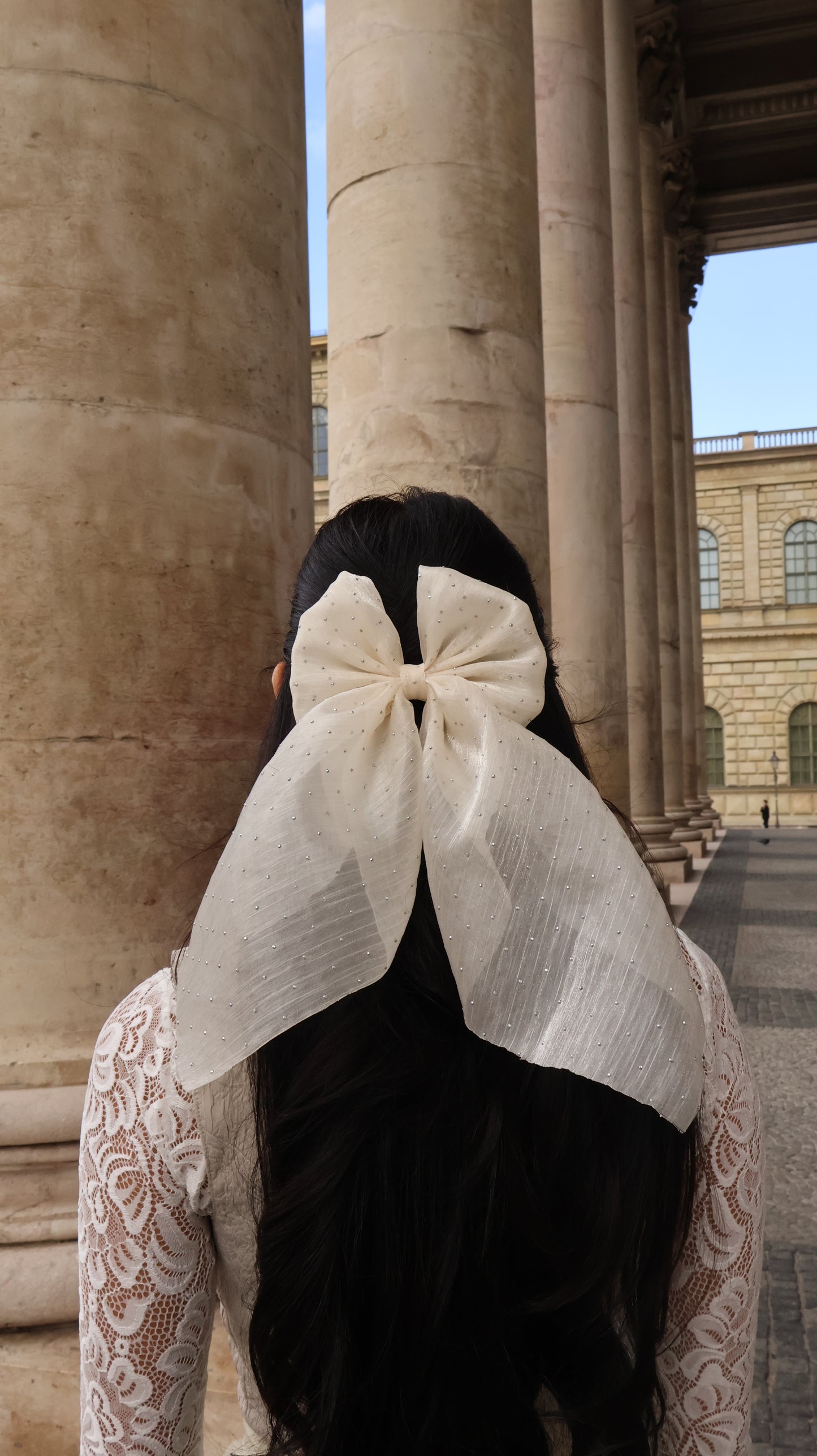 Handmade Ivory Organza Bow with silver crystals