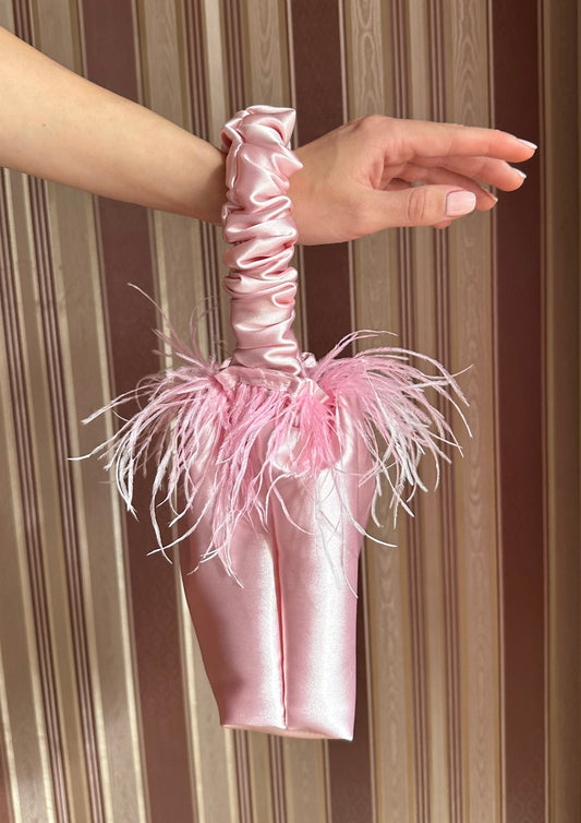 Baby Pink Satin Scrunchie Bag with Feathers