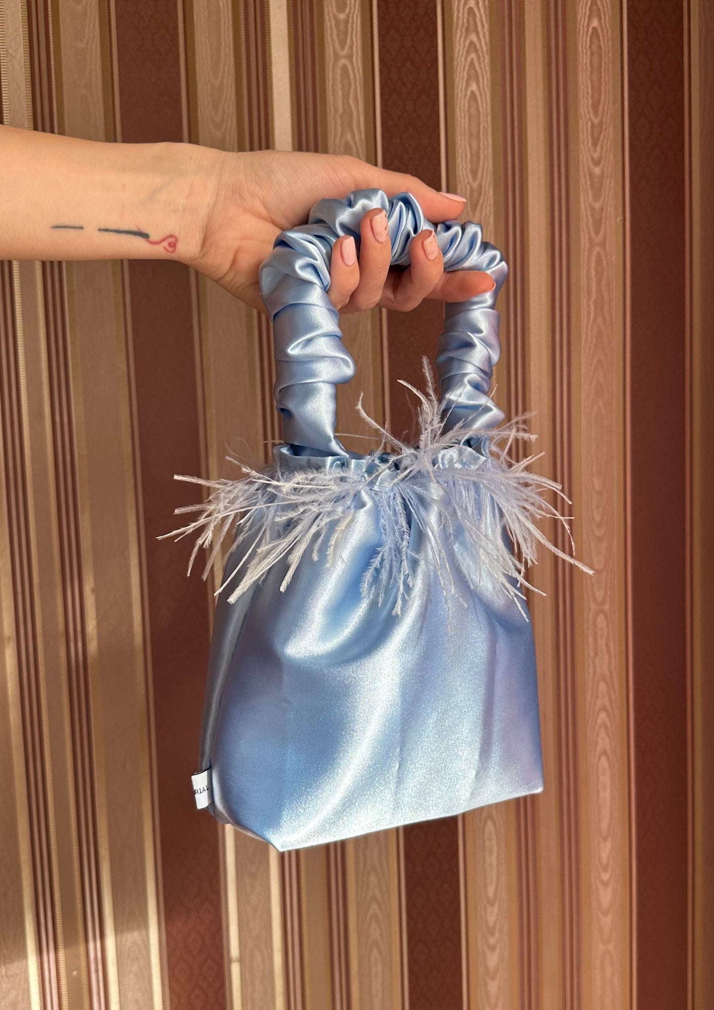 Sky Blue Scrunchie Bag with Feathers