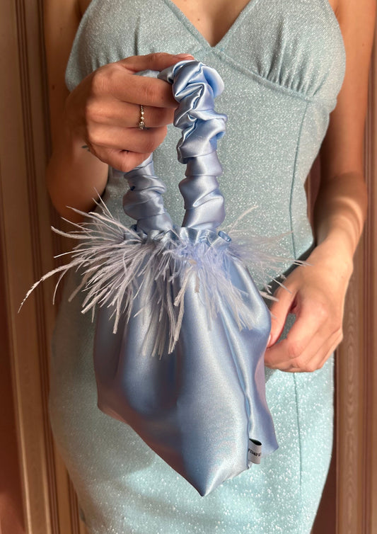 Sky Blue Scrunchie Bag with Feathers