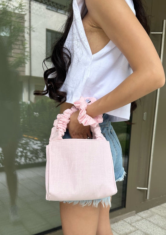 Pink Linen Tote Scrunchie Bag