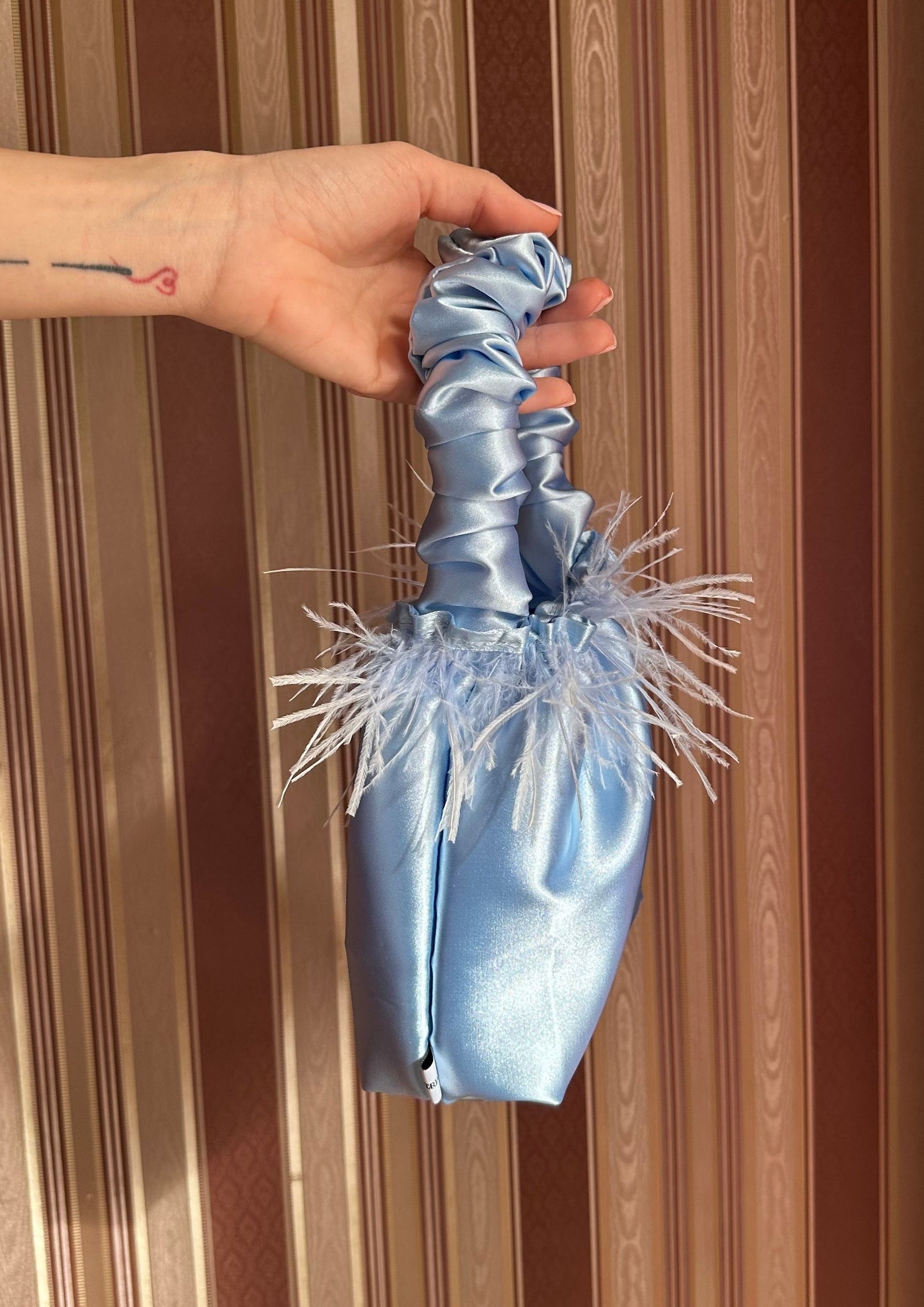 Sky Blue Scrunchie Bag with Feathers