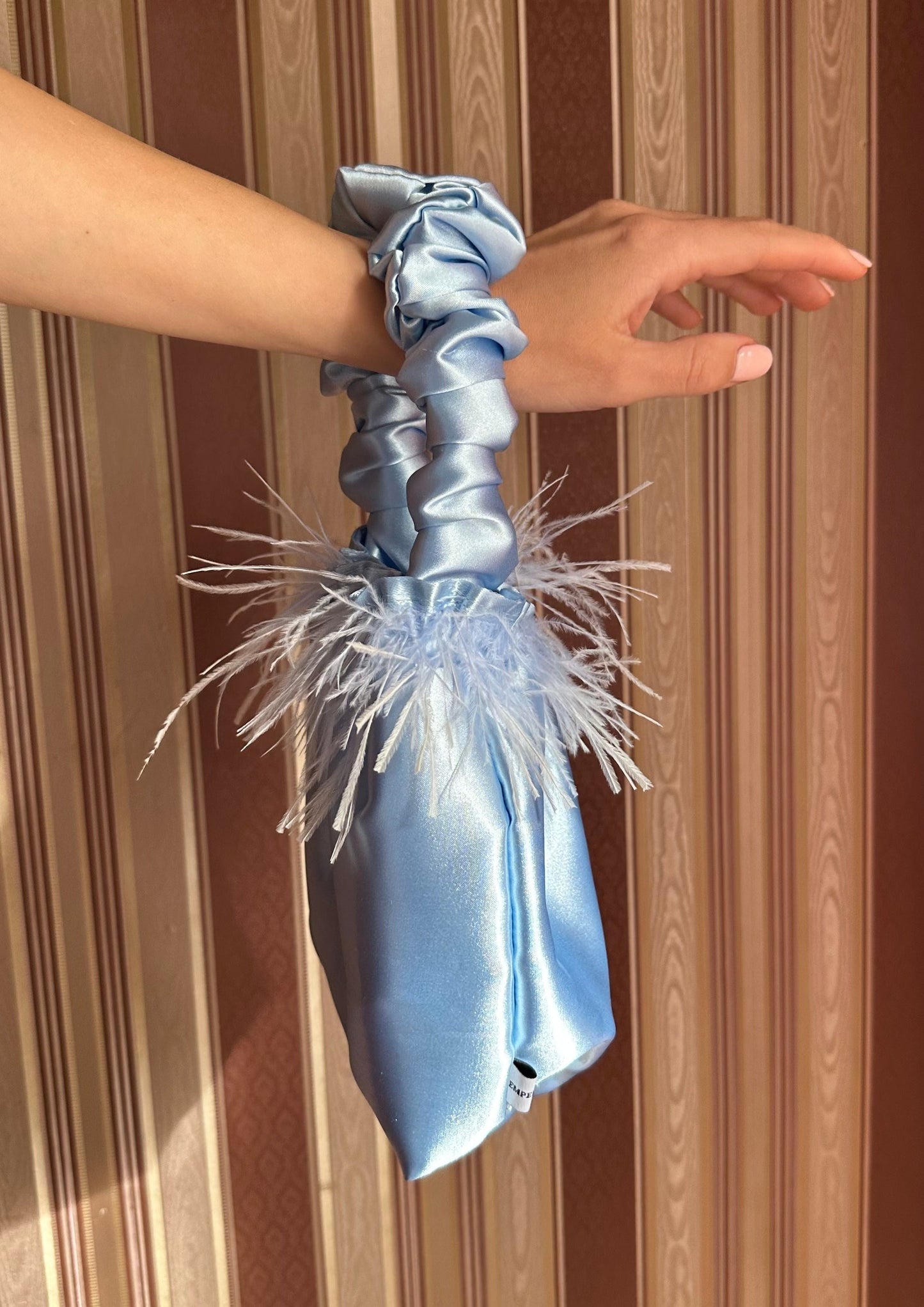 Sky Blue Scrunchie Bag with Feathers