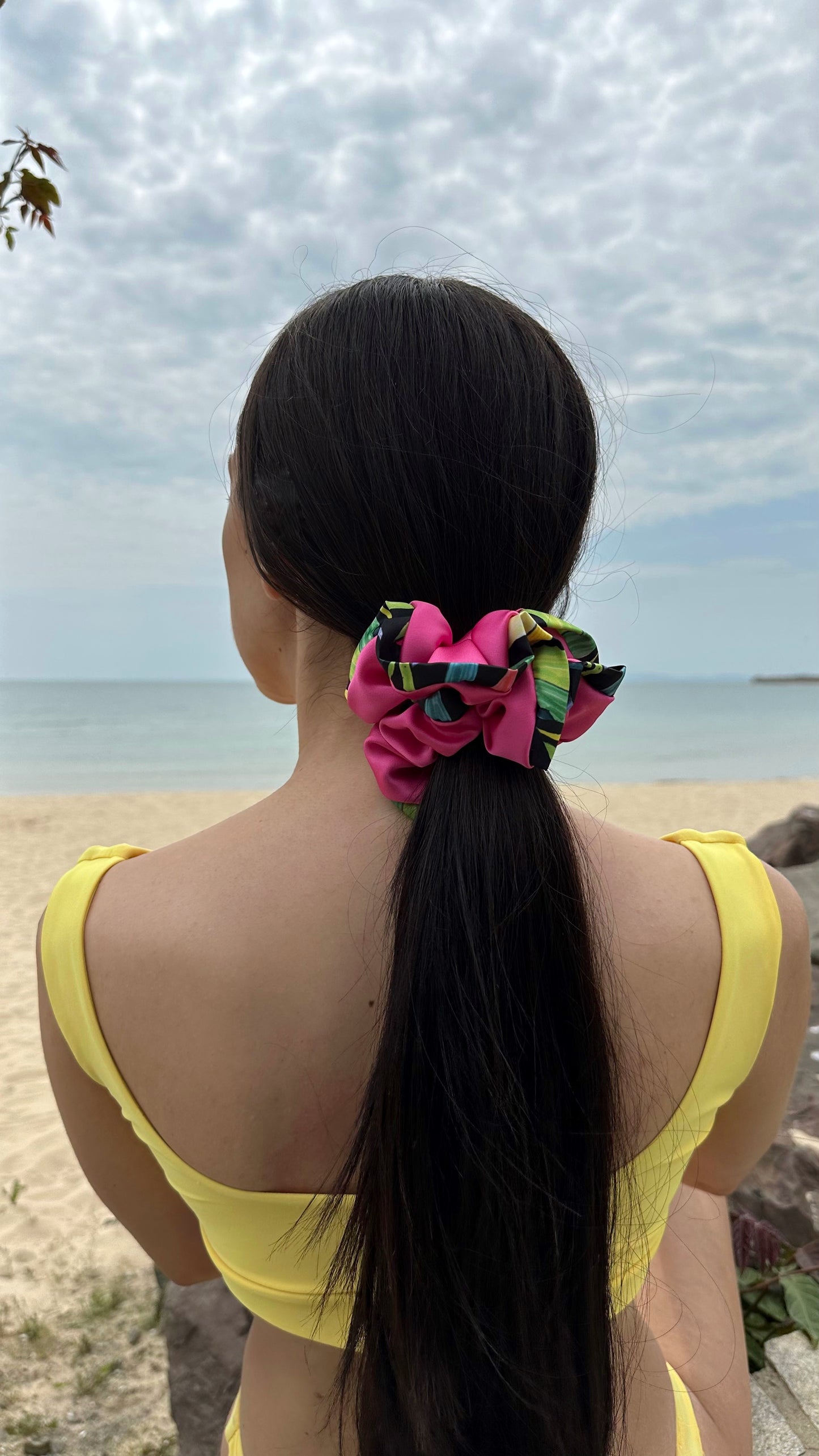 Medium Size Fuchsia & Flowers Scrunchie