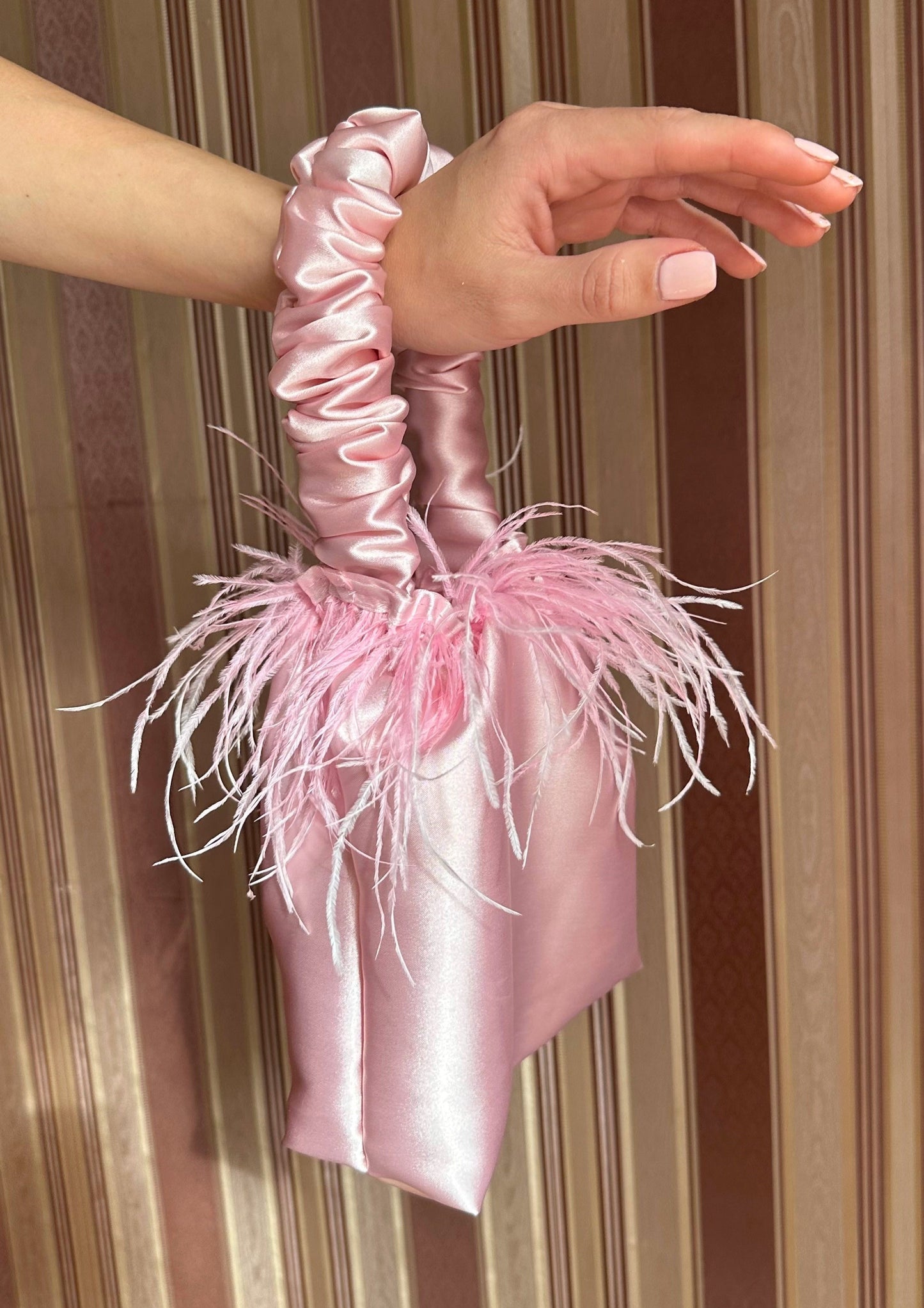 Baby Pink Satin Scrunchie Bag with Feathers