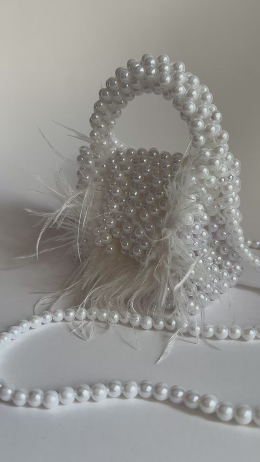 White Pearl Beaded Bag with Feathers