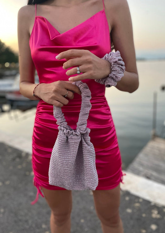 Handmade Silver Pink Scrunchie Bag