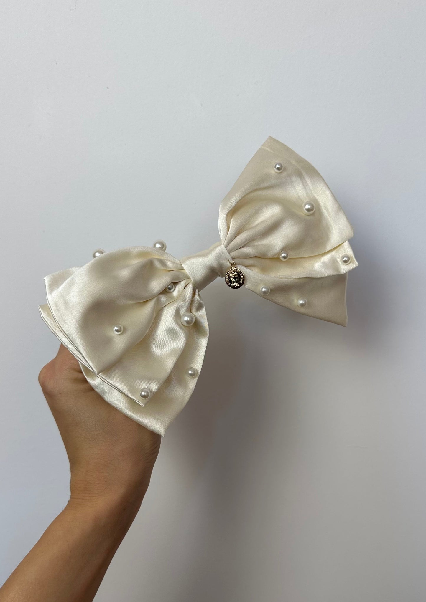 Handmade Ecru Satin Bow with Pearls