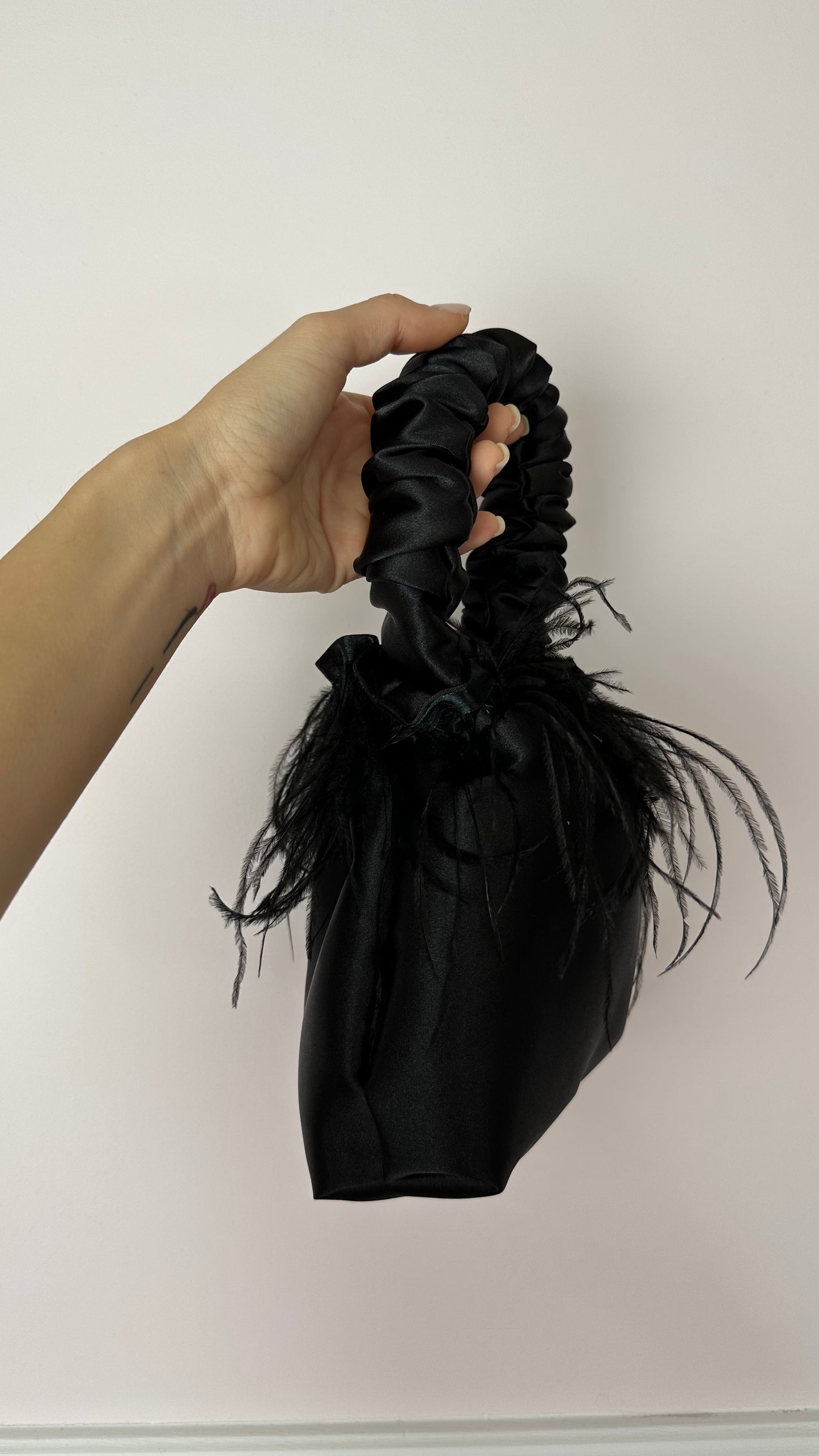 Handmade Satin Scrunchie Bag with Feathers