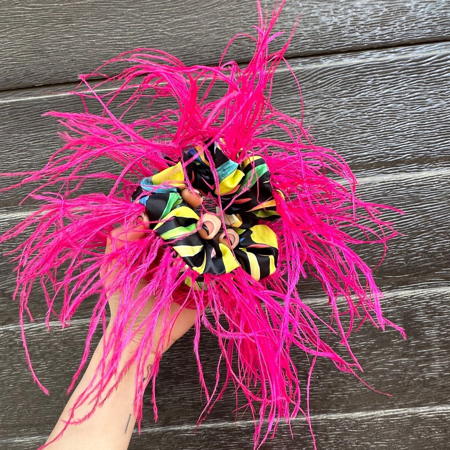 Colourful Flowers Scrunchie with Fuchsia Feathers