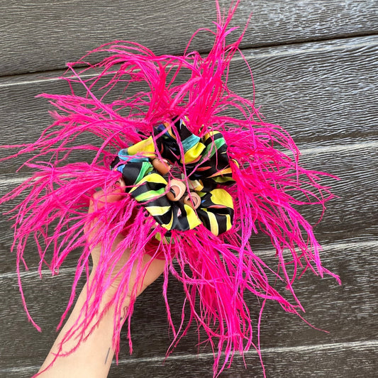 Colourful Flowers Scrunchie with Fuchsia Feathers